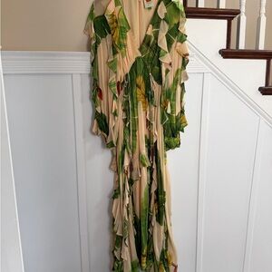 FARM Rio Cream Maxi Dress with Green Leaf Print and Ruffles